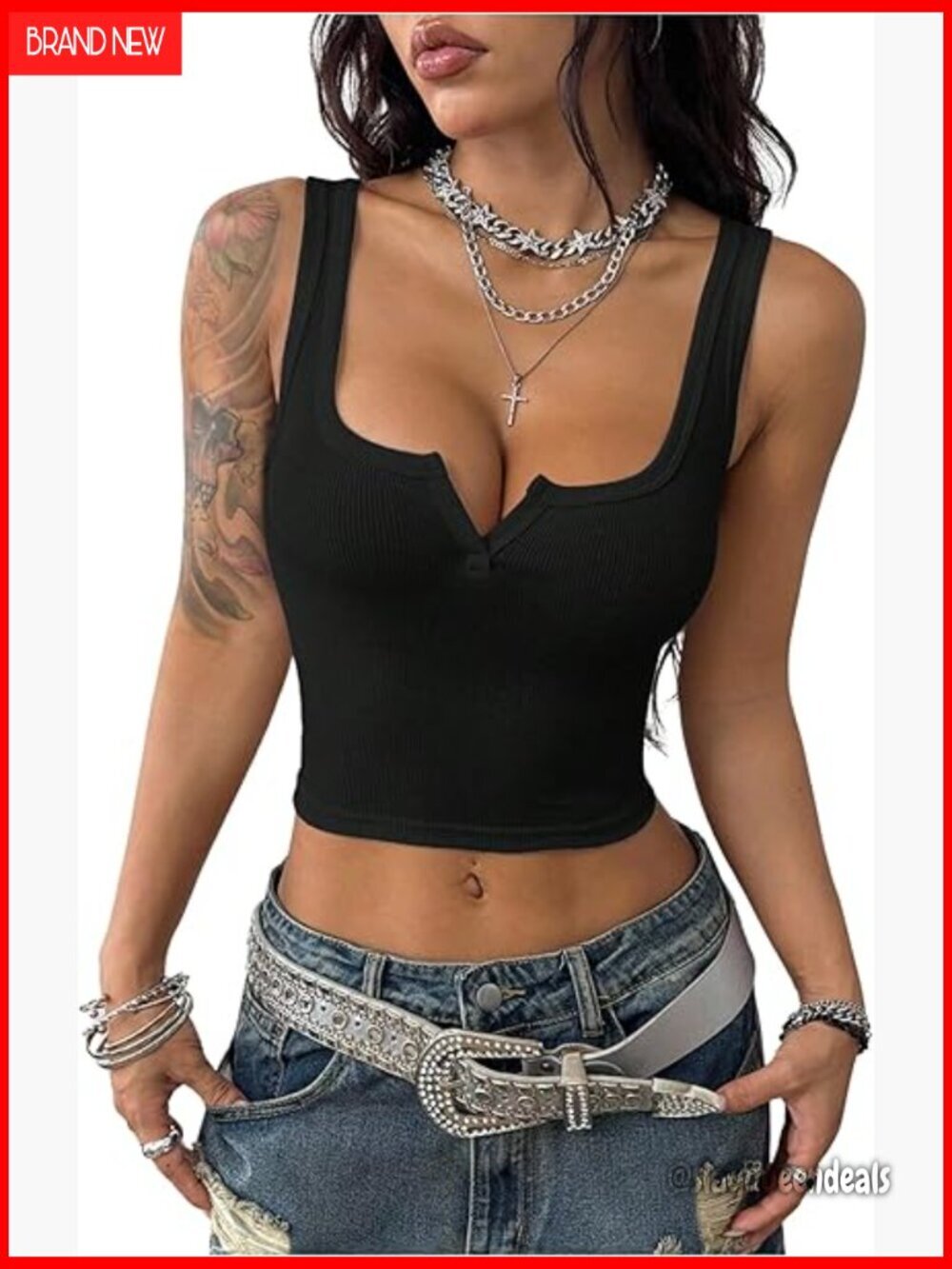Sleeveless Ribbed Crop Tank Top Notched Neck Slim Fit Summer
